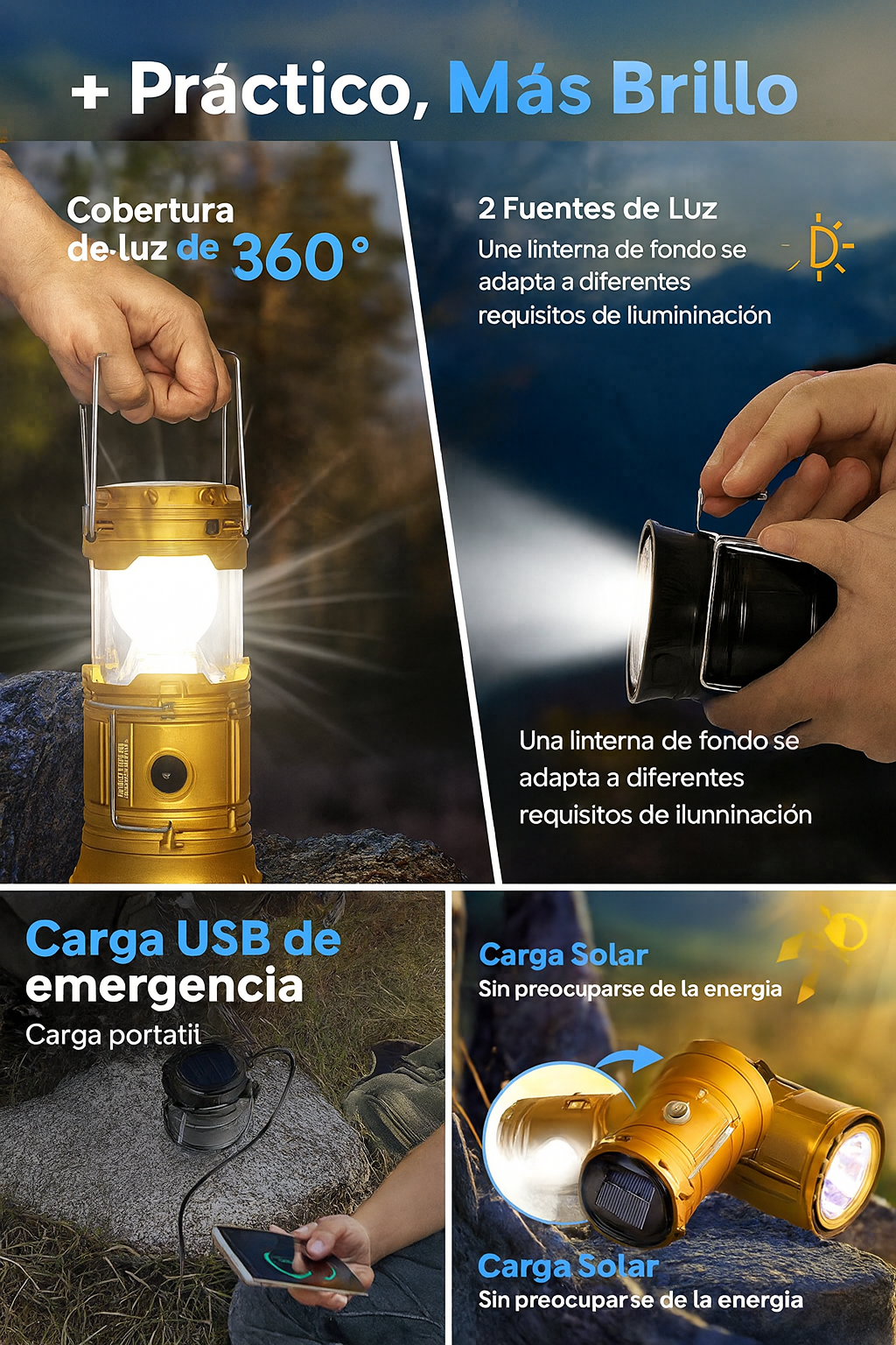 Linterna Solar 360° Recargable para Emergencias y Camping