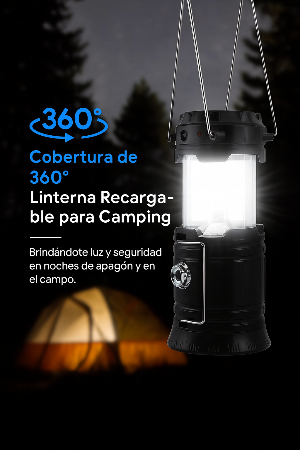 Linterna Solar 360° Recargable para Emergencias y Camping